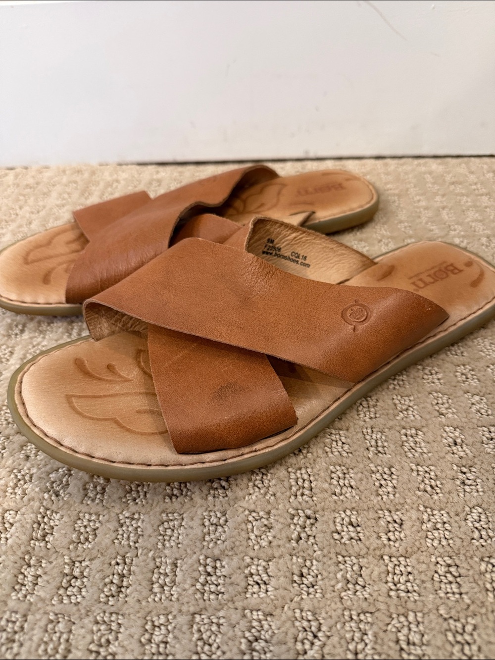 Born Tan Leather Crisscross Slide Sandals